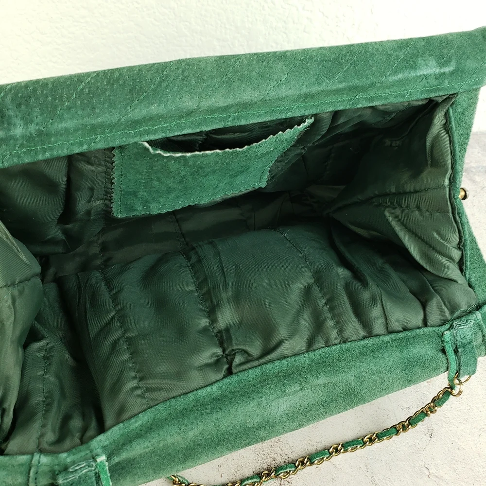 Vintage Suede Leather Purse Bag Emerald Green Crossbody Big Mouth Chain Strap